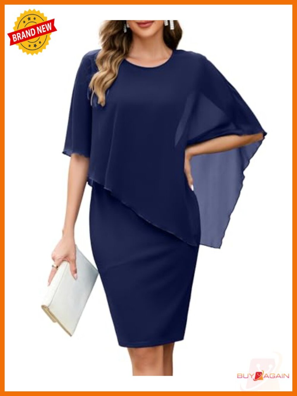 Women's Chiffon Cape Sleeveless Midi Dress Crew Neck Bodycon